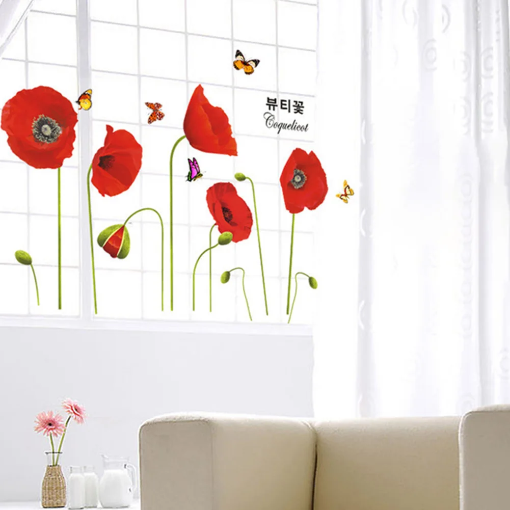 Красный Мак цветы бабочки наклейки на стену Искусство Наклейка фон водостойкие обои-фреска домашний декор для гостиной DIY