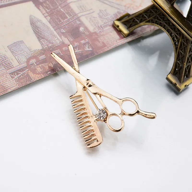 

ZHIMO Creative Hairdresser Brooch Men Women Crystal Badge Scissors Comb Small Suit Collar Needle Gold Silver Brooches Pin