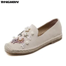 TINGHON/весенние женские лоферы; соломенная обувь на плоской подошве в рыбацком стиле; Эспадрильи из искусственного жемчуга со стразами; женские слипоны на плоской подошве