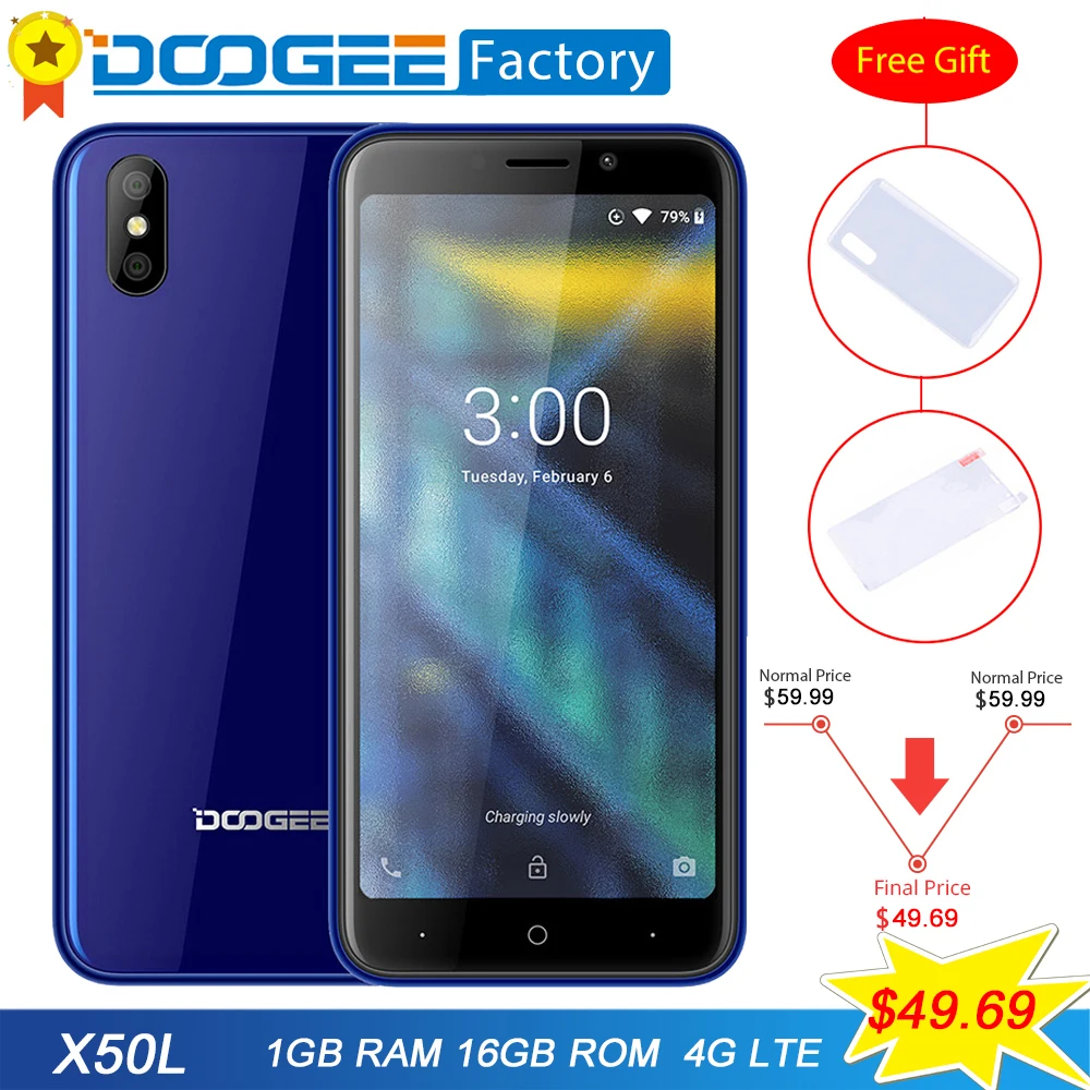 

DOOGEE X50L 4G-X50 Android 8.1 unlocked Smartphone MTK6737 Quad Core 16GB ROM Mobile phone Dual Rear Camera GPS Cell phone