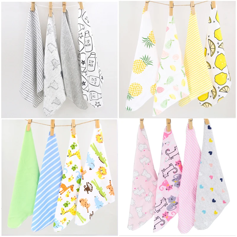 

h13 baby small square Hand Towel / feeding napkin soft cotton cloth Yellow letters pattern 4 pcs installed size 28 * 28 cm