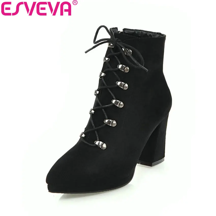 

ESVEVA 2018 Women Boots Concise Square High Heel Short Plush Ankle Boots Pointed Toe Autumn and Spring Ladies Boots Size 34-43