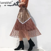 Женская юбка 3 цвета с эластичной талией кружевная Лоскутная бархатная Длинная женская осенняя приталенная плиссированная юбка элегантный осенний стиль Базовая мини-юбка