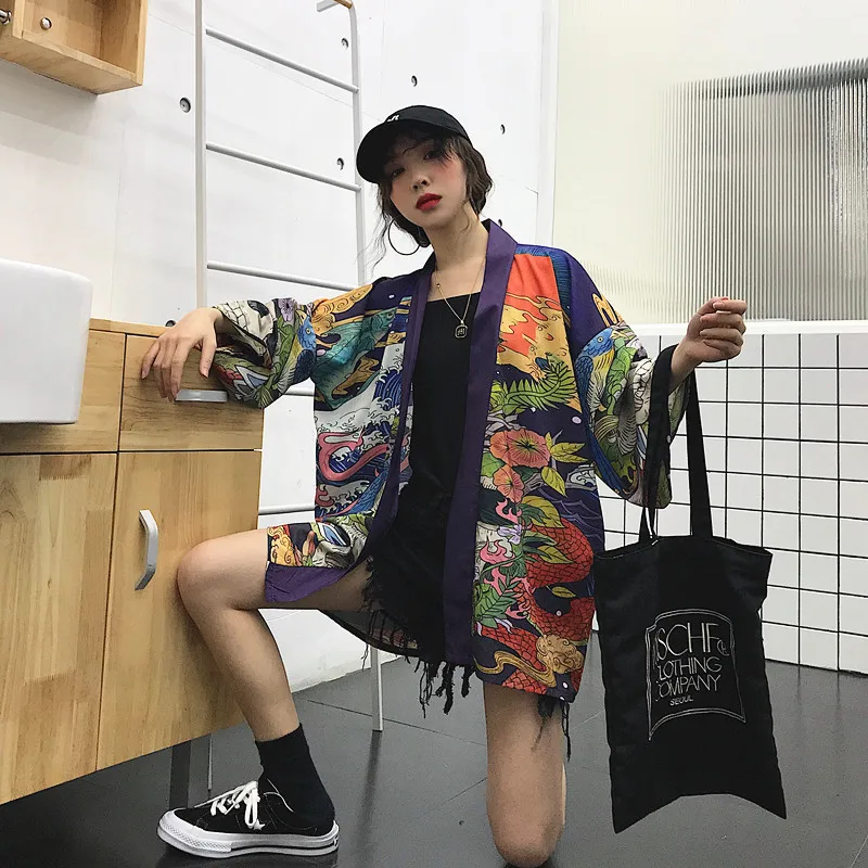 Woherb Summer Japanese Harajuku Kimono Skull Print Vintage Blouse Sunscreen Yukata Cardigan Jacket Women and Man Shirt 21300