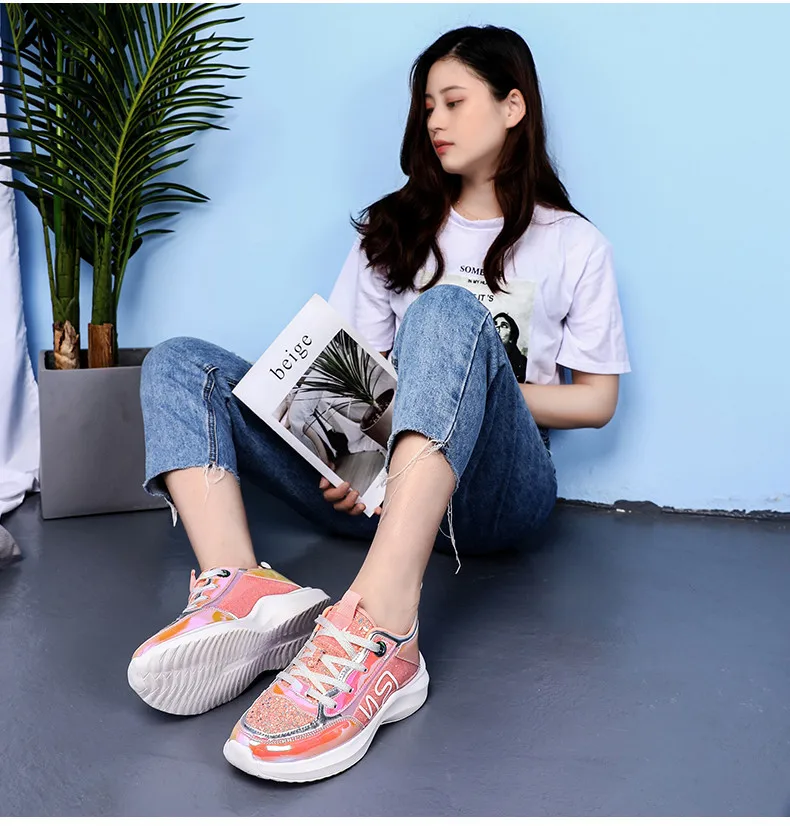 2019 Spring Sneakers Women Shiny Bling Lace-up Flats Shoes Women Basket Femme Trainers Shoes Chunky Sneakers creepers (8)
