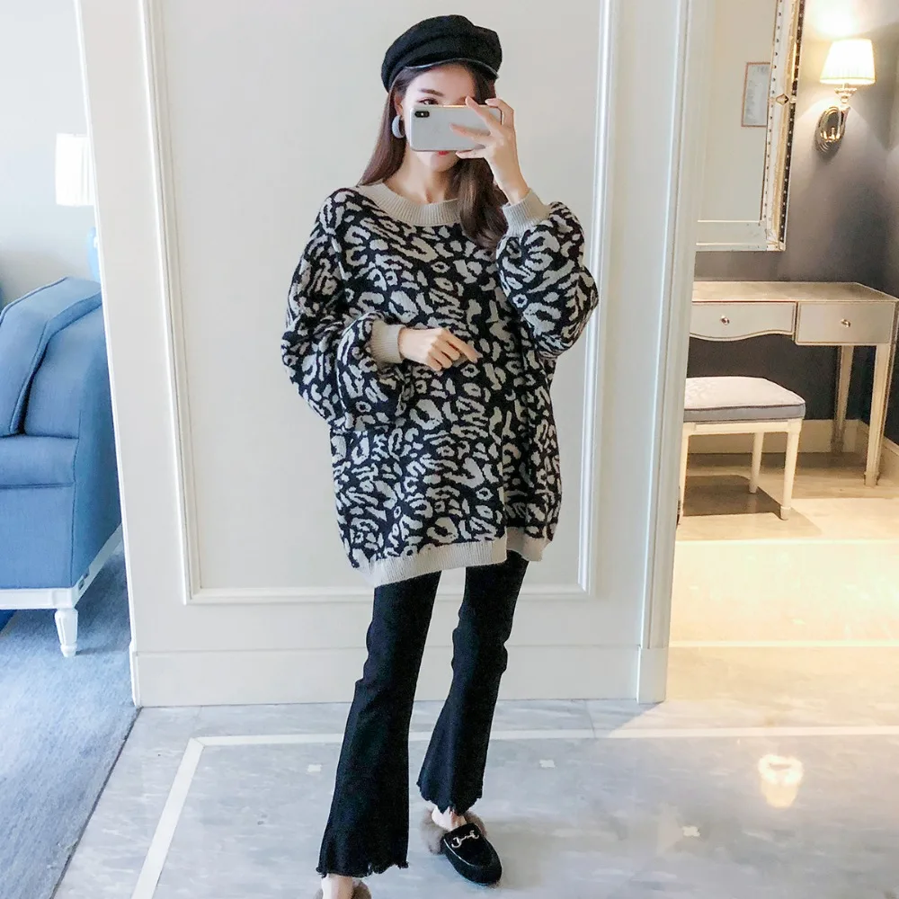 

Pregnant women fall and winter sweater 2018 new fashion leopard loose maternity Korean pregnant out of knit tops