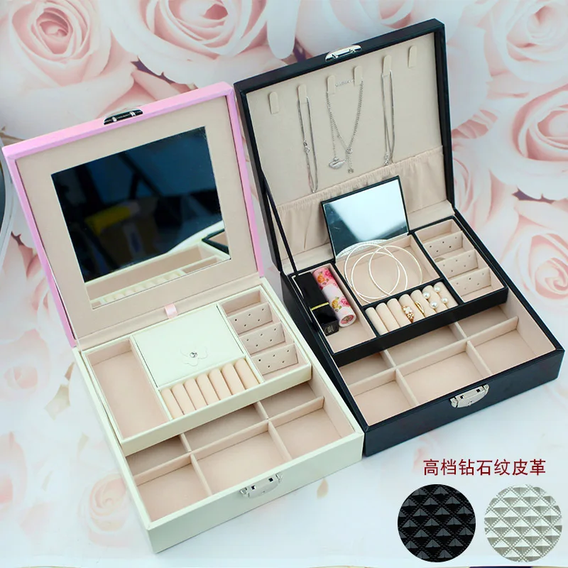 

Square Luxury Diamond Pattern Leather Jewelry Box With Mirror Large PU Jewel Display Women Double Layers Jewelry Organizer Case