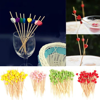 

100Pcs/lot Disposable Bamboo Heart Fruit Dessert Cake Sign 12cm Cocktail Picks Cute Food Sticks Buffet Cupcake Toppers Party