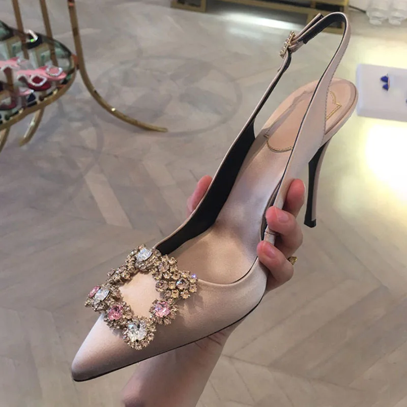 

Red Wedding Shoes Bride Shoes Silk Satin Tip Fine-heeled Womens Single Shoes Mid-heel Water Diamond Square Buckle sandals women