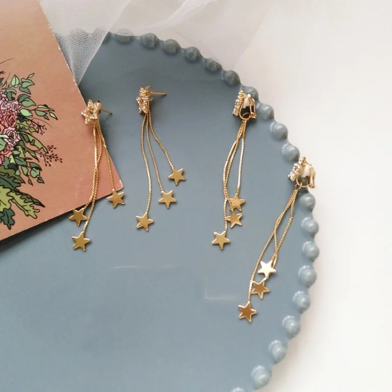 

2019 New Summer Fashion Women's Long Metal Chain Tassel Star Dangle Earrings Temperament Rhinestones Ear Clip Jewelry