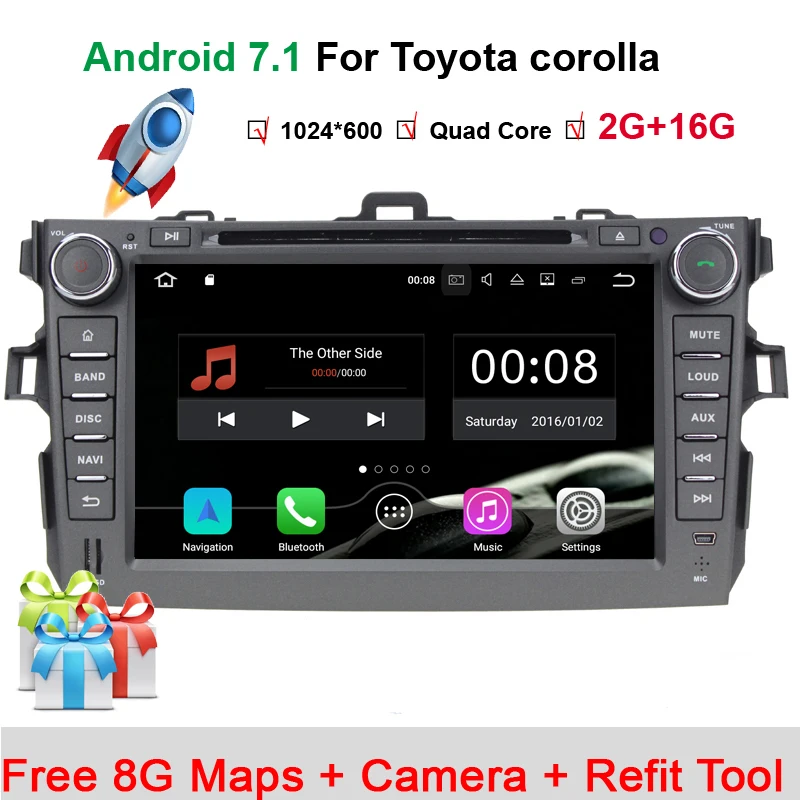 

2 din Android 7.1.1 car dvd player for Toyota Corolla 2007 2008 2009 2010 2011 Quad Core 8 inch 1024*600 screen car stereo radio
