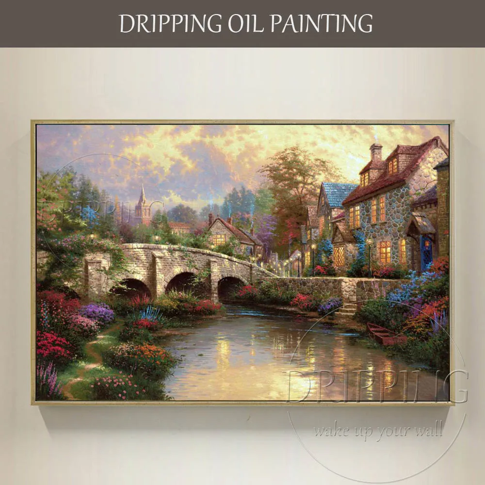 

Hand-painted High Quality Modern Wall Art Cobblestone House Oil Painting Canvas Cobblestone Bridge Castle Landscape Oil Painting