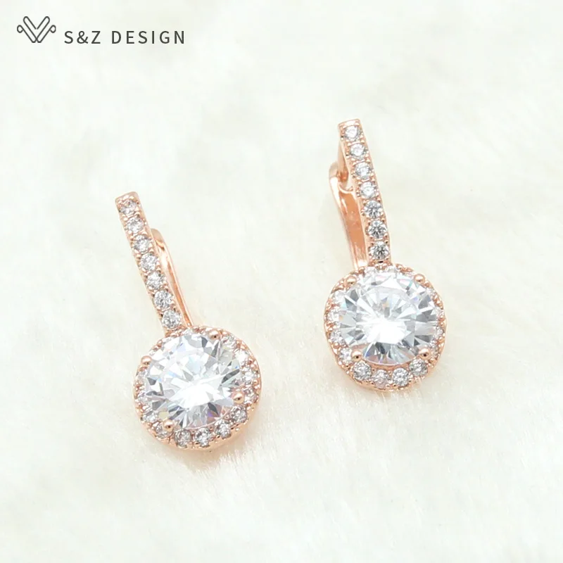S&Z DESIGN New Fashion 585 Rose Gold Color Round Cubic Zirconia Dangle Earrings For Women Wedding Party Jewelry Gift