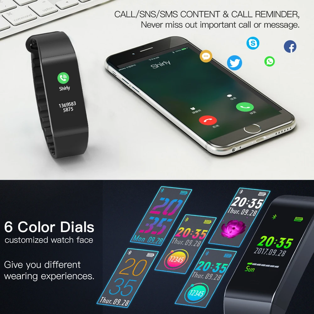 2018 Smart Clock w6 Fitness Bracelet Heart Rate Monitor 6 UI Face Band Watch Drinking Reminder Wristband For IOS Android Phone