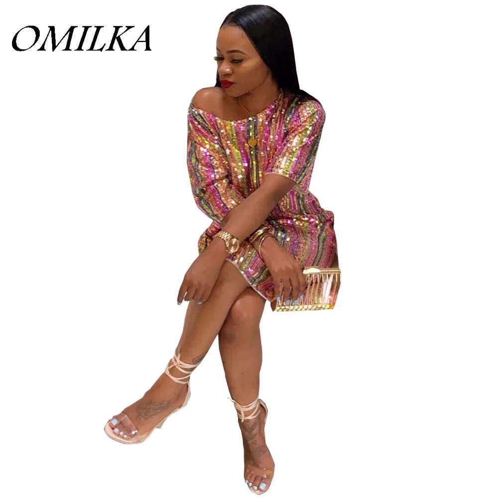 

OMILKA 2018 Summer Women Short Sleeve O Neck Striped Printed Sequin Dress Sexy Colorful Glitter Shiny Club Party Mini Dress