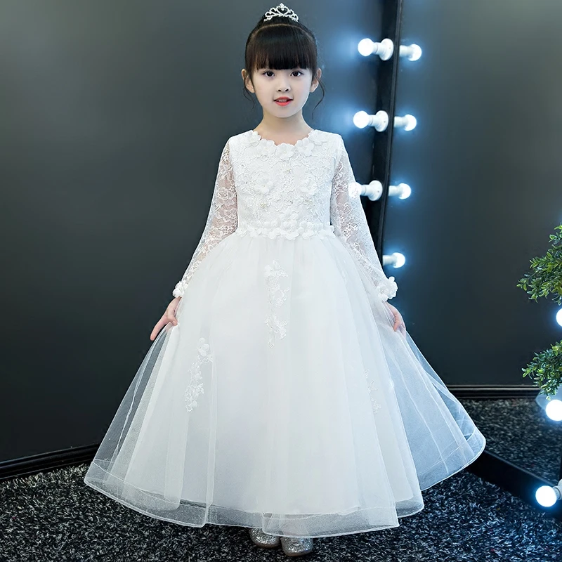 

2018 White Color Flowers Princess Dress for Girls Kids Children Long Sleeves Party Dress Performance Children Lace Dress Clothes