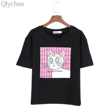 Qlychee Harajuku Summer Black Women T shirt Sailor Moon Luna Cat Print Short Sleeve Tee Top O Neck T-shirt for Women