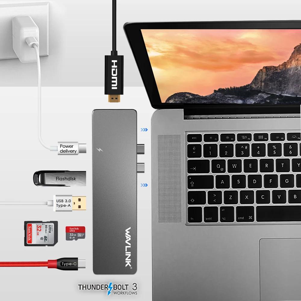 Wavlink Thunderbolt 3 USB C Hub Adapter Type C T3 Aluminum Hub w/ SD