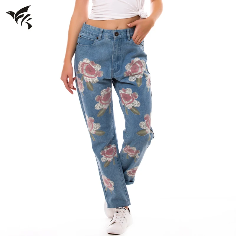

Women Boyfriend Loose Jeans Rose Printing High-waisted Trousers Black Blue Casual Denim Pants YK00011