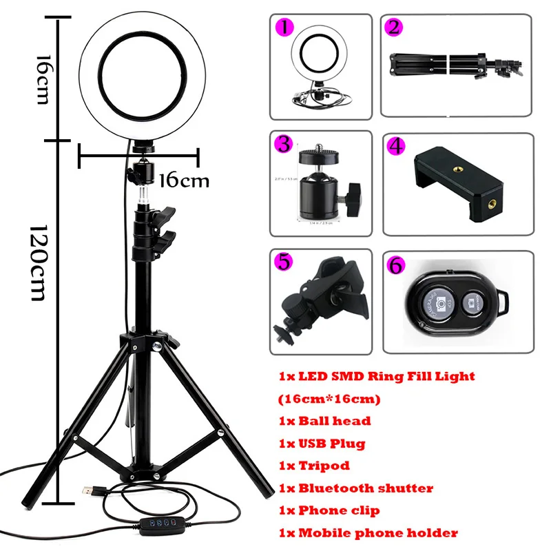 LED Ring Light Photo Studio Light Photography selfie ring Dimmable Video for cameras Smartphone with Tripod Phone Holder - Цвет: Черный