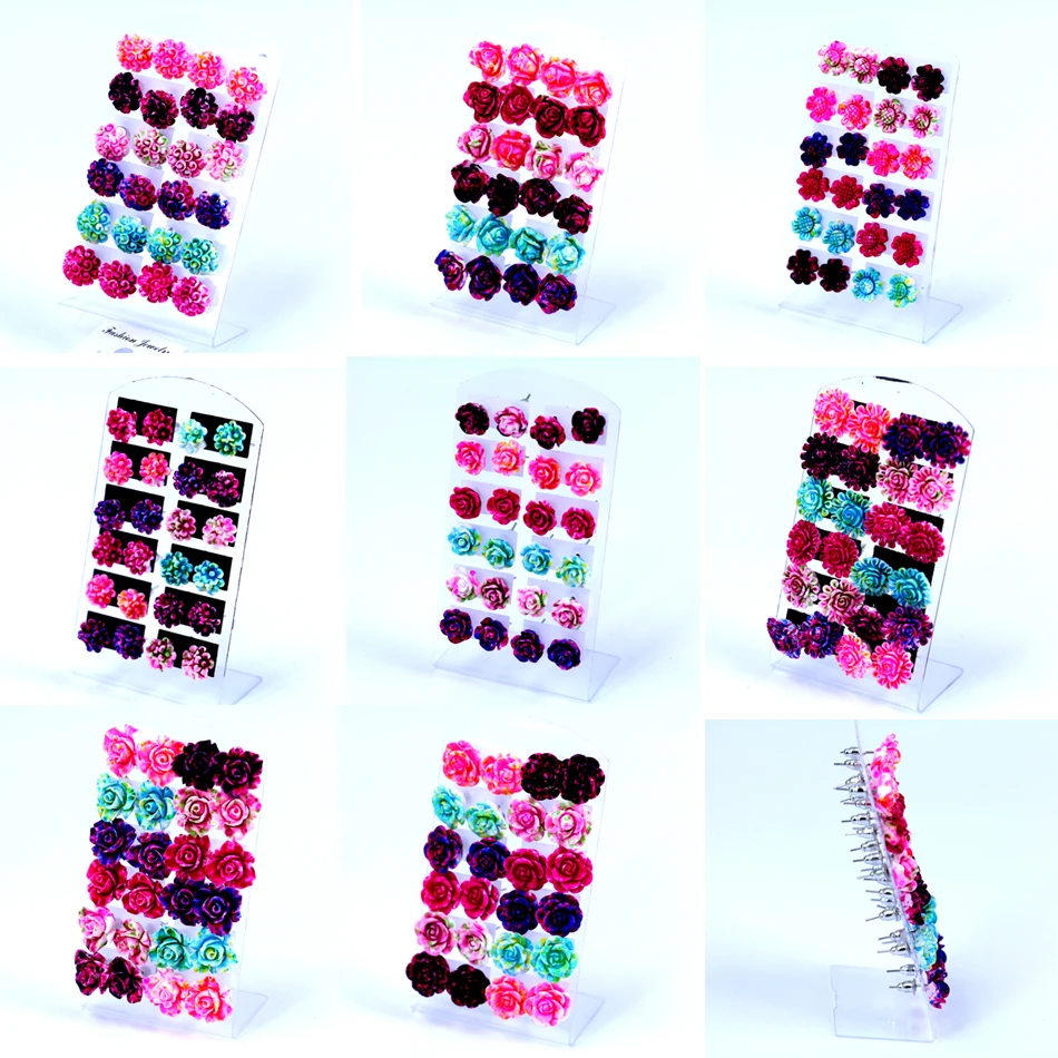

Factory Factory Wholesale Cheap Resin Colorful Plastic Cute Flower Design Iron Stick Stud Earrings Ladies' Ear Studs 12pai
