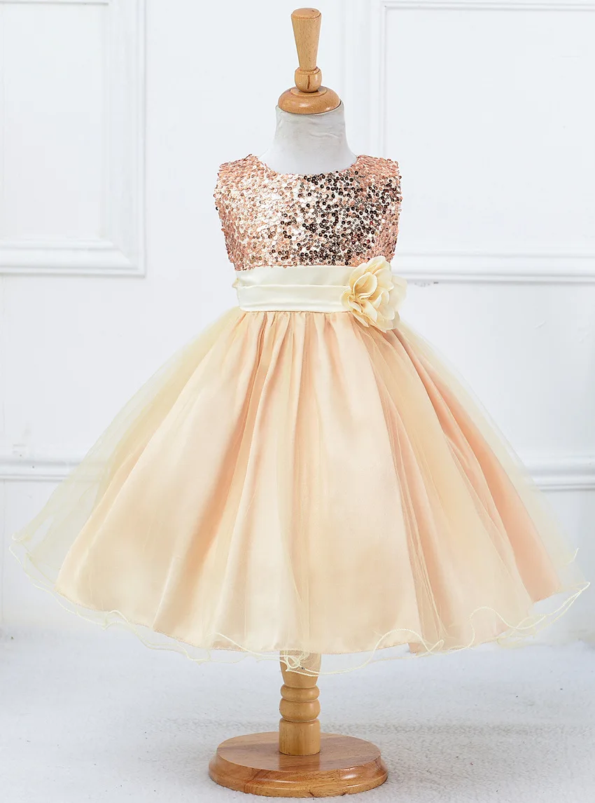 Little Girls Kids Summer Shining Sequined Floral Lace Chiffon Flower Dress Wedding Birthday Party Dress,Beige,2T