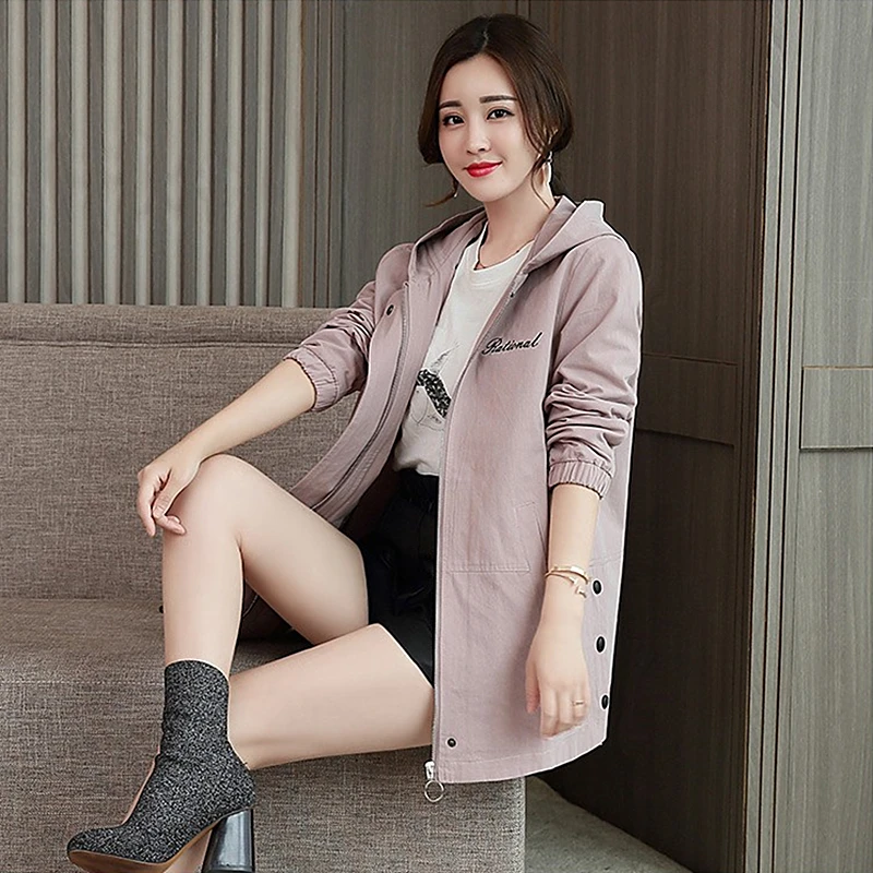 

New Fashion Women Windbreaker Loose Comfortable Thin Jacket Hooded Long-sleeved Solid Color Long Section Large Size Female Coats