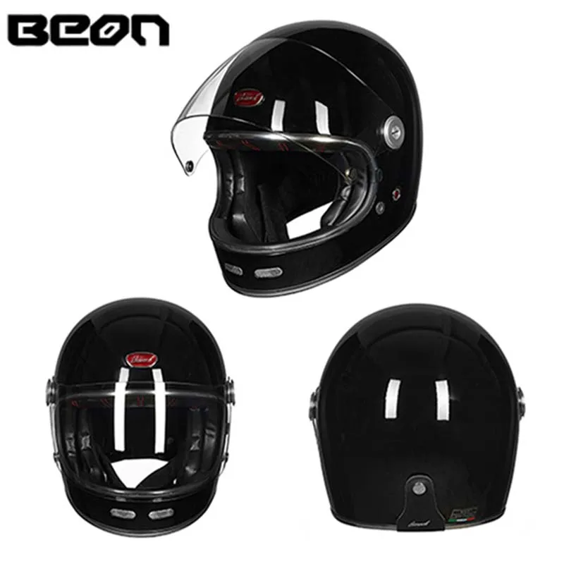 BEON шлем полное лицо стекловолокно Мотокросс Винтаж шлем мотоциклетные шлемы ретро аксессуары для мотоциклов ECE - Цвет: bright black