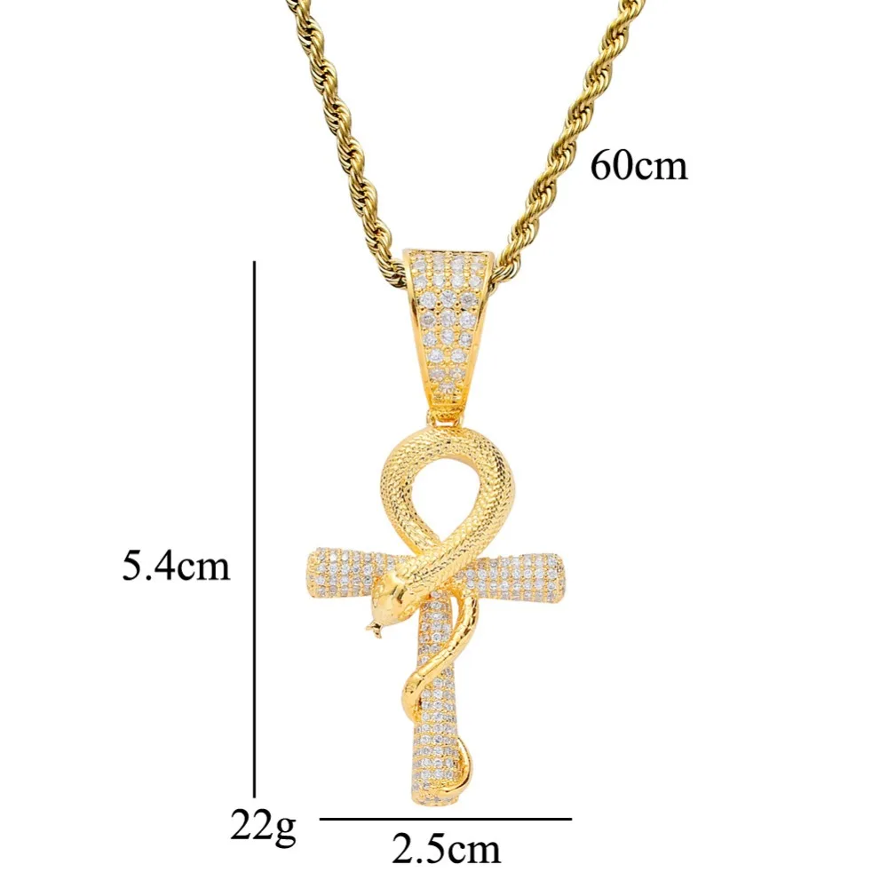 Men Hip hop iced out Egypt Ankh cross with snake pendant necklaces AAA Zircon male fashion pendants necklace Hiphop jewelry