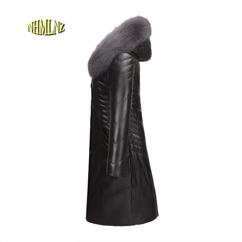

High quality Down Women Leather Jacket 2019 New Fashion Sheepskin Fox fur Hooded Comfortable Women Genuine Leather Jacket LH19