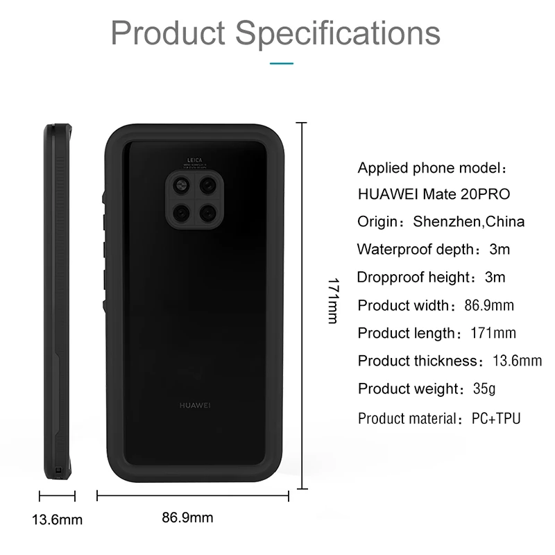 الغوص السباحة واقية حافظة لهاتف Huawei زميله 20 الموالية حالة السباحة IP68 للماء في الهواء الطلق الرياضة غطاء لهواوي زميله 20 الموالية Fundas