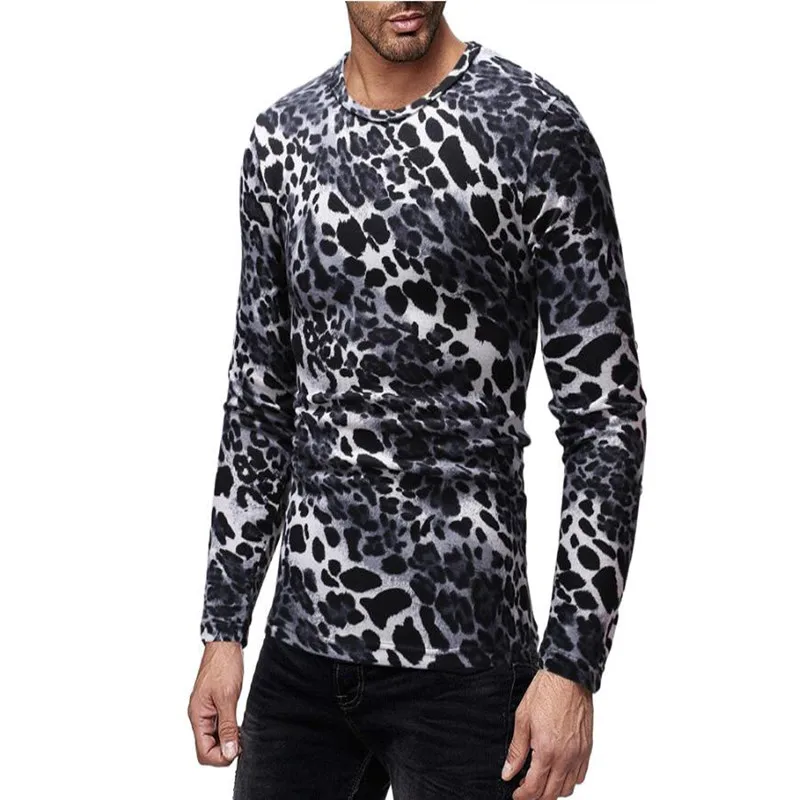 

Spring 2019 new leopard print men's round collar T-shirt fashion Korean version of simple men slim long sleeve T-shirt men trend