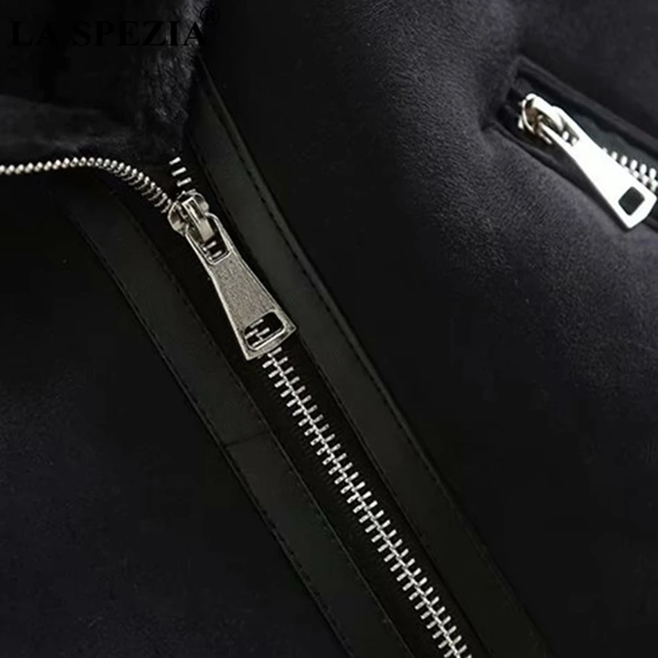 LA SPEZIA Black Waistcoat Women Winter Solid Biker Vest Female Zipper Suede Leather Warm Short Thick Ladies Sleeveless Jackets
