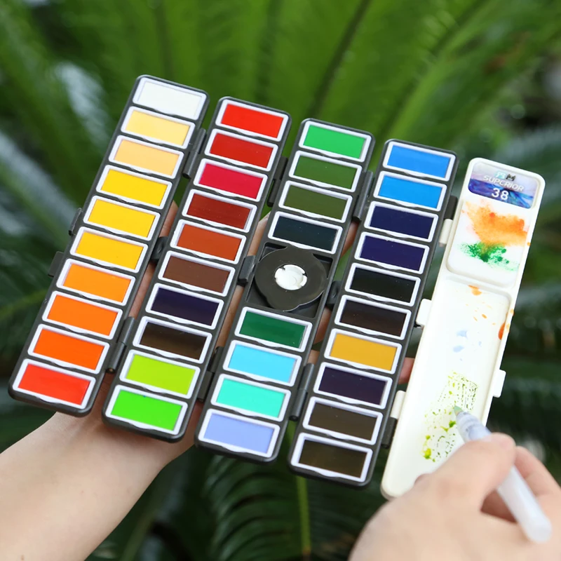 New 18/38/58Colors Fold Solid Watercolor Paint Set With Water Brush & Gifts Box Watercolor Pigment For painting Water colors