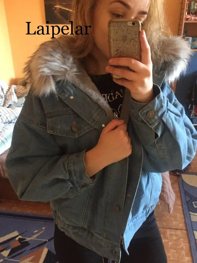 discount  Women Jean Jacket Winter Thick Jean Jacket Faux Fur Collar Fleece Hooded Denim Coat Female Warm Den