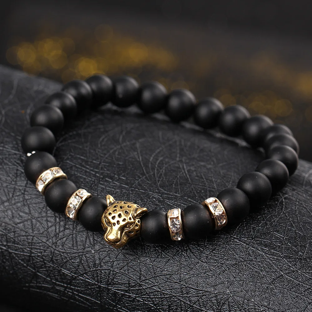 High Quality Gold/Silver Leopard Head Black Matte Lava Stone Buddha Natural Stone Beaded Bracelets Men Unisex Jewelry Wholesale