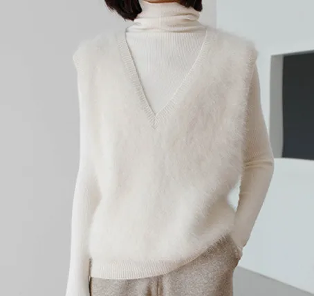 

women 100% mink cashmere sweater vest V-collar waistcoat with loose straight sleeveless waistcoat vest free shipping JN774