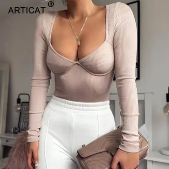 

Articat Cotton Ribbed Knitted V Neck Sexy Bodysuit Women Tops Long Sleeve Rompers Womens Jumpsuit Skinny Casual Basic Overalls