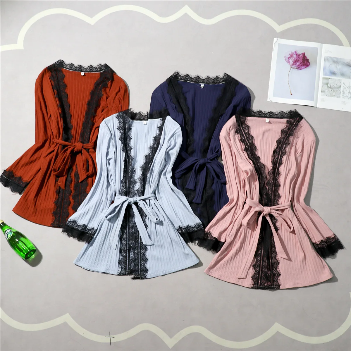 

Casual Pink Womens 3pcs Sleep Top Pants Suit Robe Bath Gown Sleepwear Sets Sexy Pajamas Spring Autumn Home Wear Nightwear M-XL
