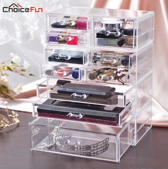 

CHOICE FUN Fancy Large Plastic Transparent Cosmetics Makeup Box Case Clear Make Up Desk Drawer Storage Organizer For Girls