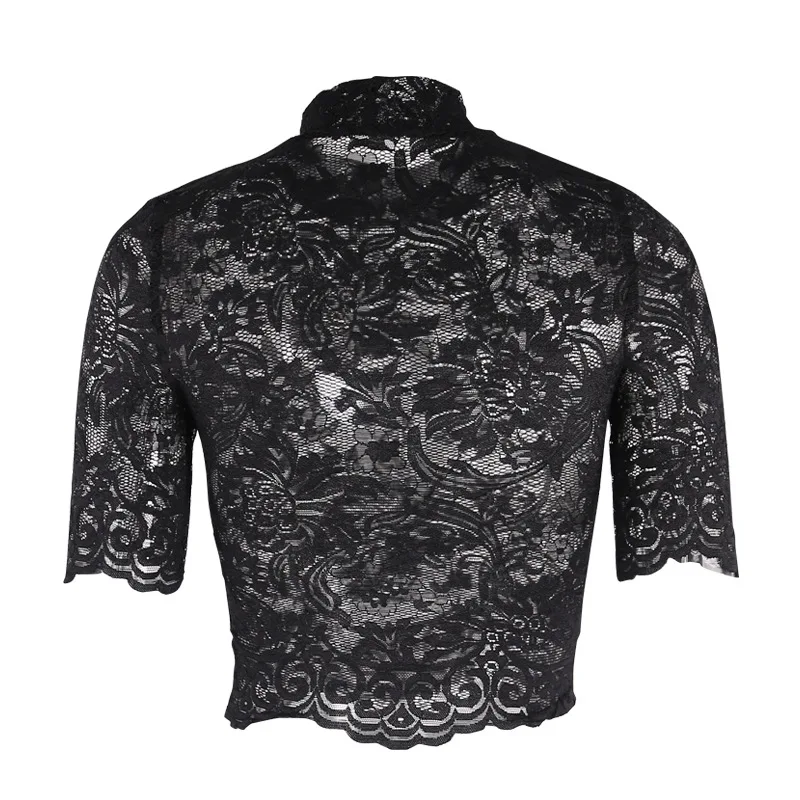 

Black Hollow out Floral Sexy Lace T-shirts Perspective Punk Gothic T Shirts Tees 2019 Summer Women Girls Mesh Lace tshirt Top