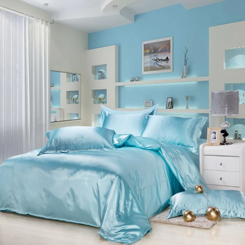 

4PCS Luxurious Silk Bedding Sets Blue Black White Imitation Silk Bedding Set Bed Linen Bedclothes Bedspread Bed Sheet Duvet Sets