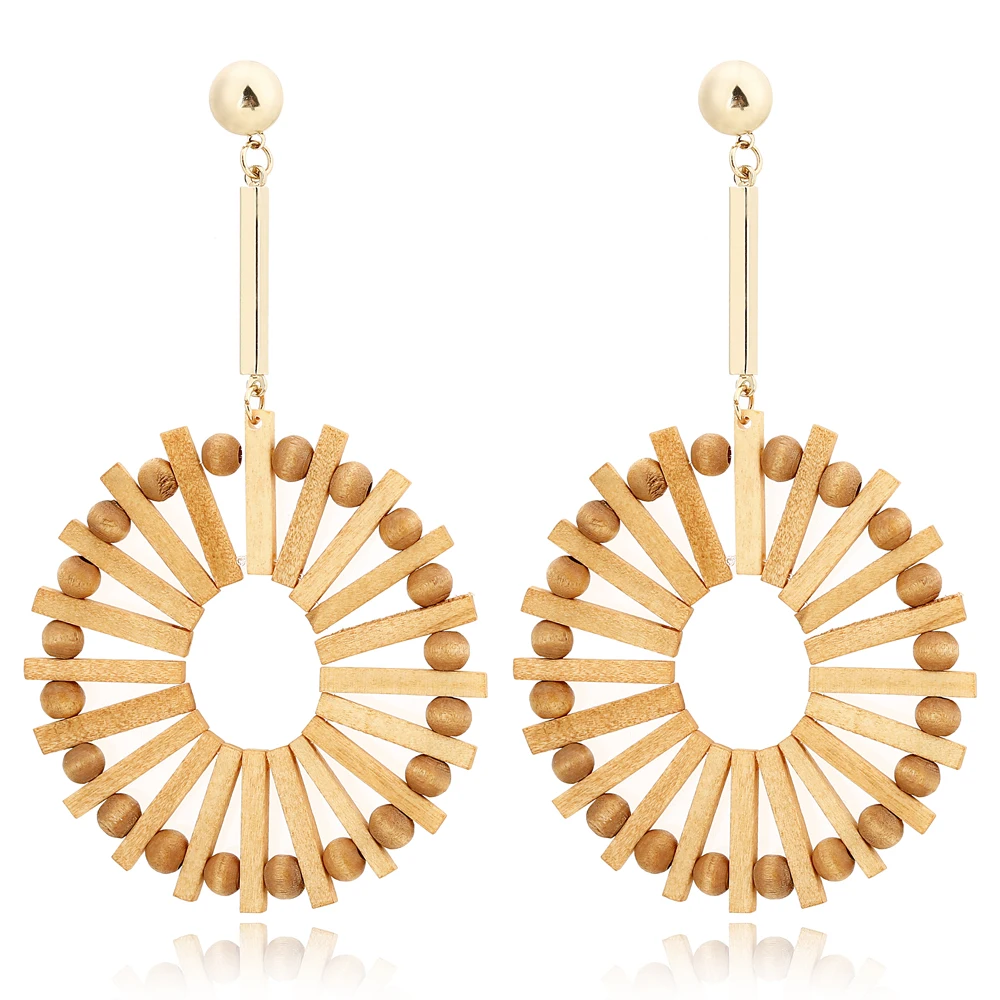 

YAOLOGE Korea Bamboo Wooden Straw Weave Rattan Knit Vine Geometric Big Circle Long Drop Earrings For Women Girl Beach Jewelry
