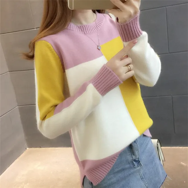 2018 New Winter Korean Patchwork Pink Sweater for Women Knitted Female ...