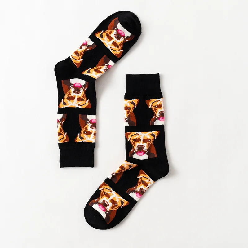 Осень Мужская Мода Собака печатающая головка носки хлопок, унисекс, красочный, крутой носки на зиму, удерживающие длинная трубка Роскошные носки Crazy забавные носки - Цвет: Black