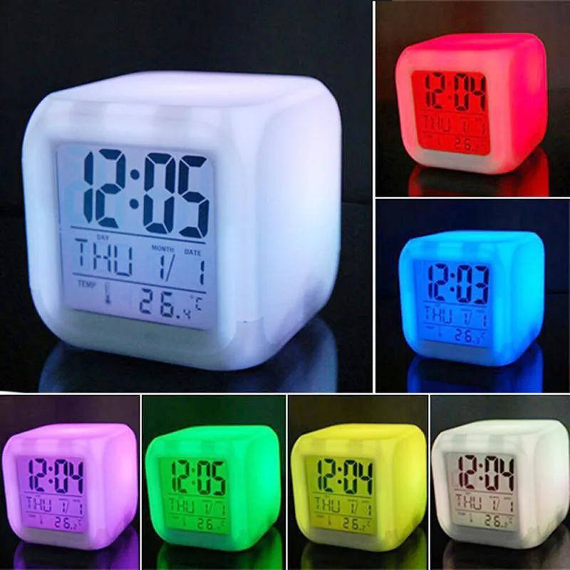 

Drop shipping 2018 New 7 Colors LED Changing Digital Alarm Clock Desk Thermometer Night Glowing Cube LCD Clock Home Decor