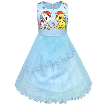 

2019 New unicorn gauze sleeveless zipper belt animal print princess dress small and medium girls party new year frock 3-10 years