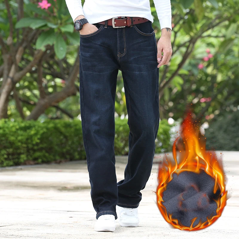Goede Heren Kwaliteit Winter Fleece Stretch Denim Straight Dikker binnenkant Denim Jeans Warme Fleece Jeans