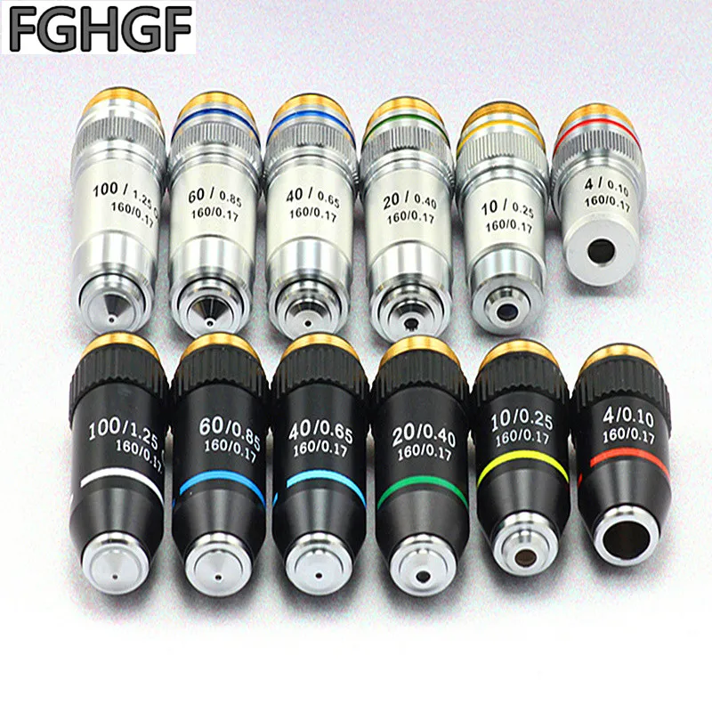 

FGHGF WF100X Microscope 195N Achromatic Objective Lens 4X/10X/40X/60X/100X Optical Objective Mounting Aperture 20.2mm