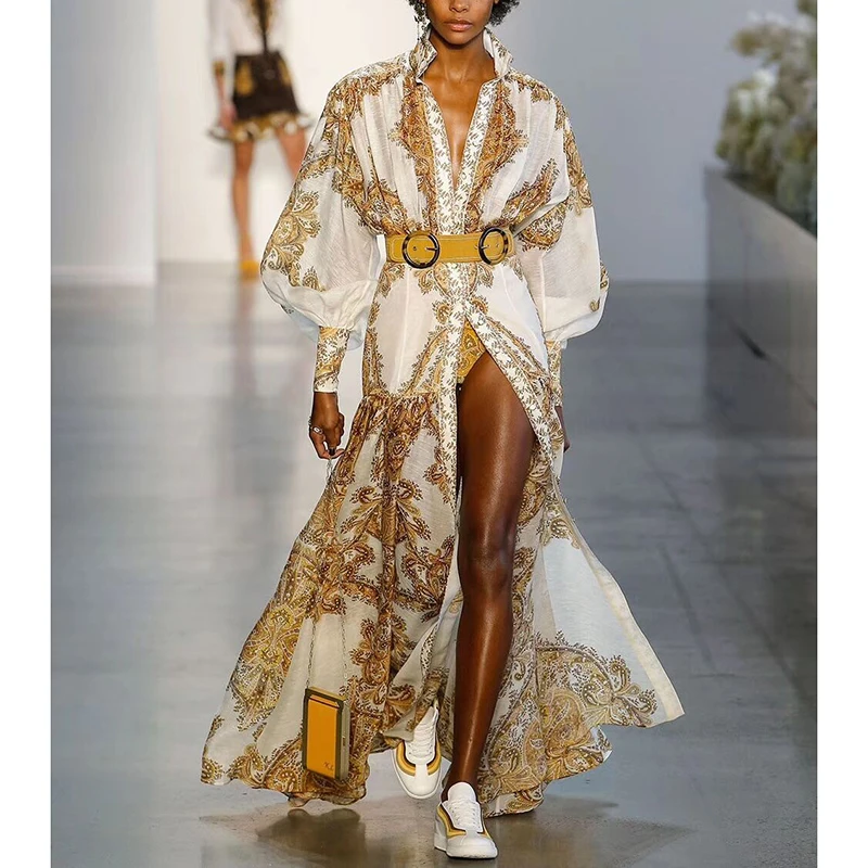 

Maxi dress women's dress new 2019 high-end court yellow printed silk lanterns sleeves collar collar pleated long dress